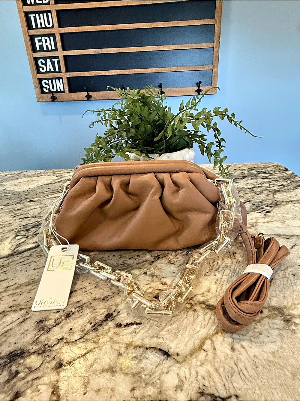 Urban Expressions Ruched Clutch Crossbody Tan Gold Chain Bag NWT